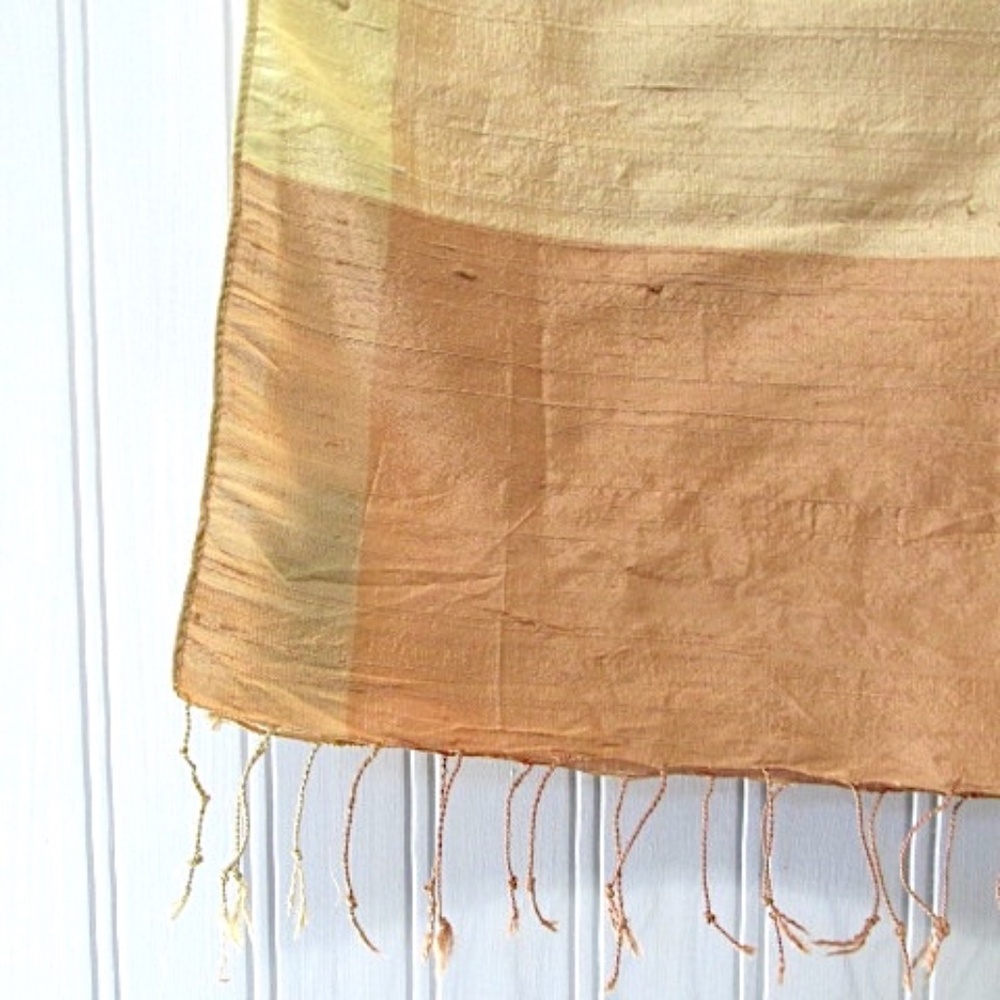 Pastel Peach Gold Dupion Raw Silk Fringed Ribbon Scarf - Picture 4 of 6